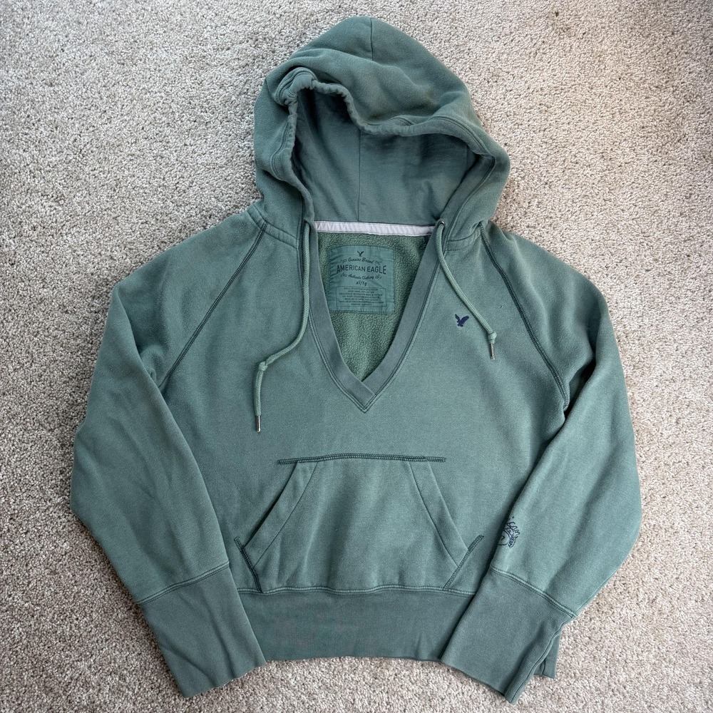 American Eagle Hoodie Womens XL Green Fleece Pullover V Neck Kangaroo Logo